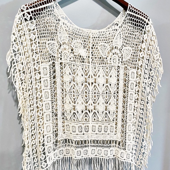 Beige Crochet Lace Embroidered Coverup Blouse Batwing Sleeve Loose Fit - Picture 6 of 16